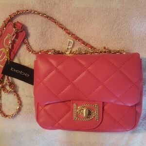 Bebe Pink Quilted Crossbody Bag with Gold Chain
